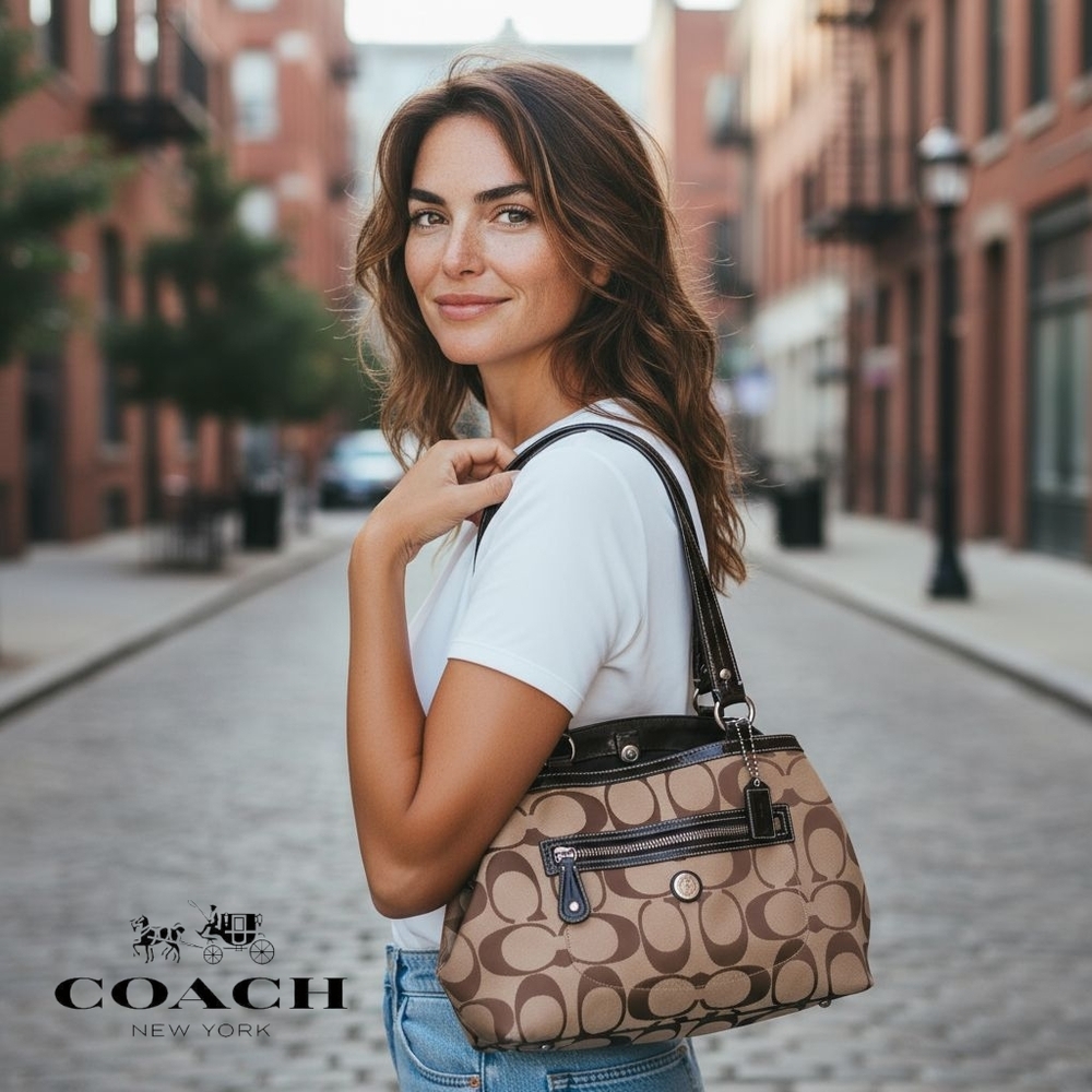 Coach F14940 Kisslock Signature Jaquard C Brown and Black Women's Shoulder Bag